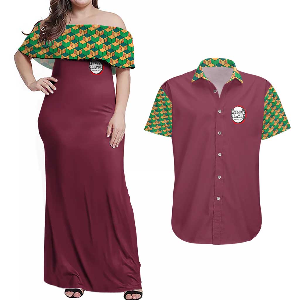 Tomioka Giyu Demon Slayer Couples Matching Off Shoulder Maxi Dress and Hawaiian Shirt Anime Style