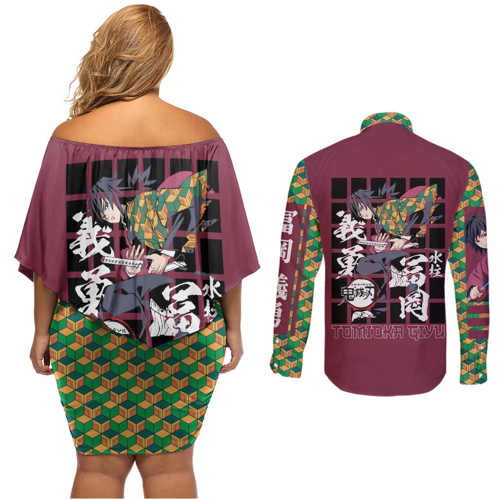Tomioka Giyu Demon Slayer Couples Matching Off Shoulder Short Dress and Long Sleeve Button Shirt Anime Style