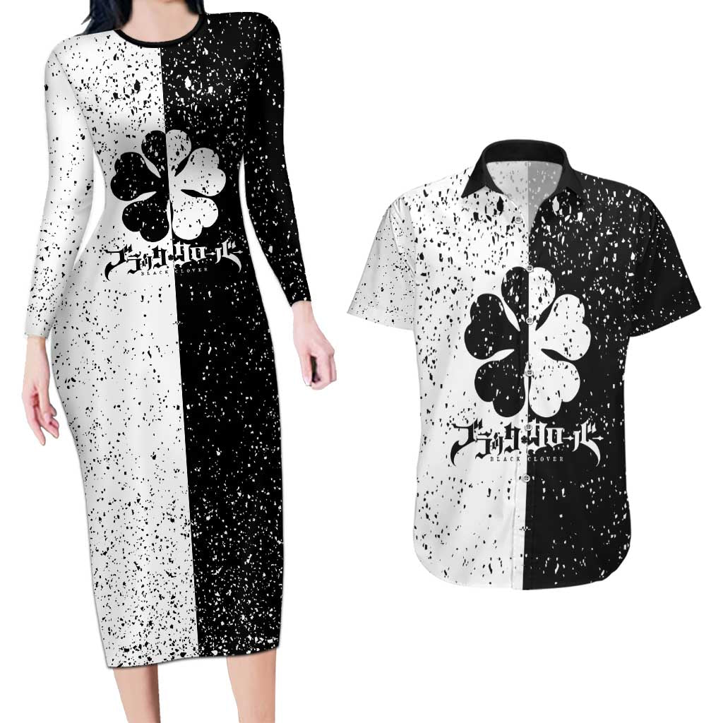 Five Leaf Clover Black Clover Couples Matching Long Sleeve Bodycon Dress and Hawaiian Shirt Anime Grunge Style