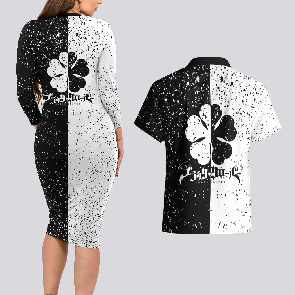 Five Leaf Clover Black Clover Couples Matching Long Sleeve Bodycon Dress and Hawaiian Shirt Anime Grunge Style