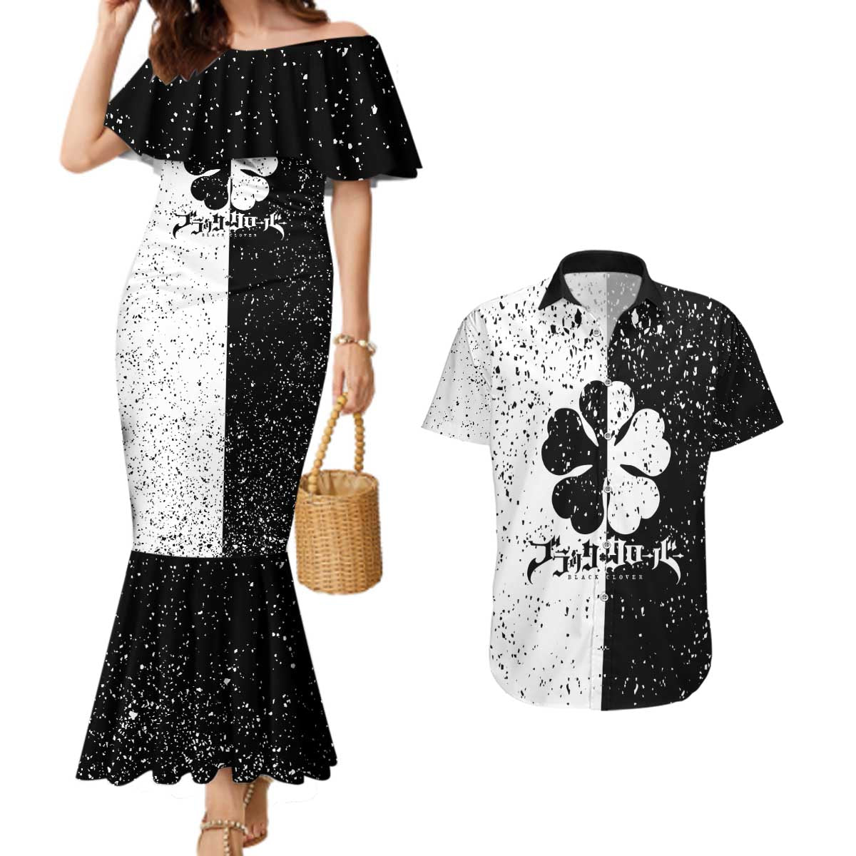 Five Leaf Clover Black Clover Couples Matching Mermaid Dress and Hawaiian Shirt Anime Grunge Style