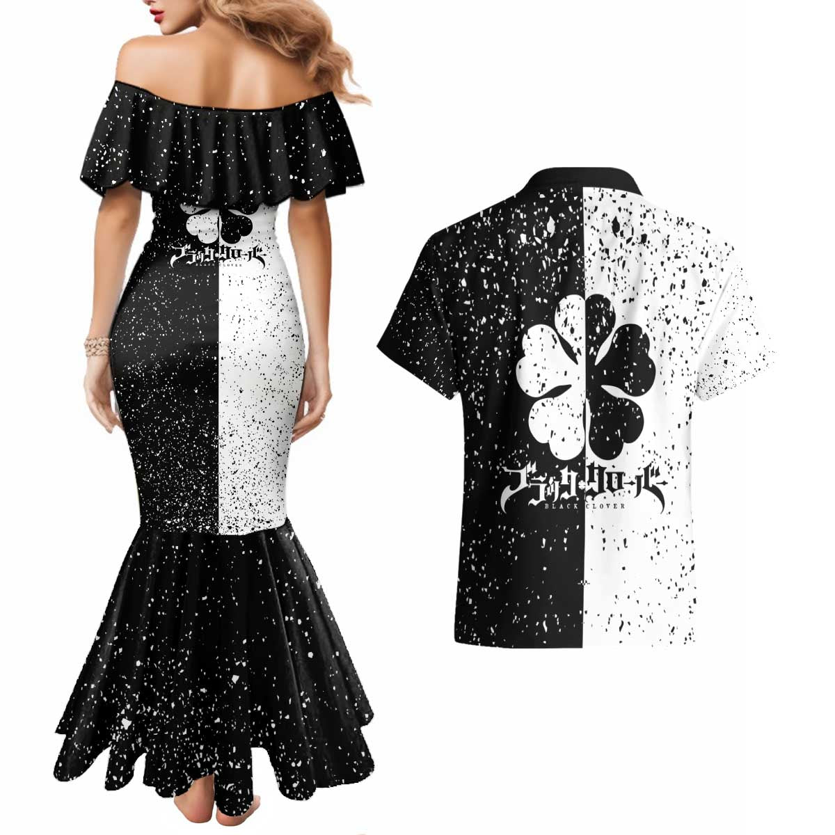 Five Leaf Clover Black Clover Couples Matching Mermaid Dress and Hawaiian Shirt Anime Grunge Style