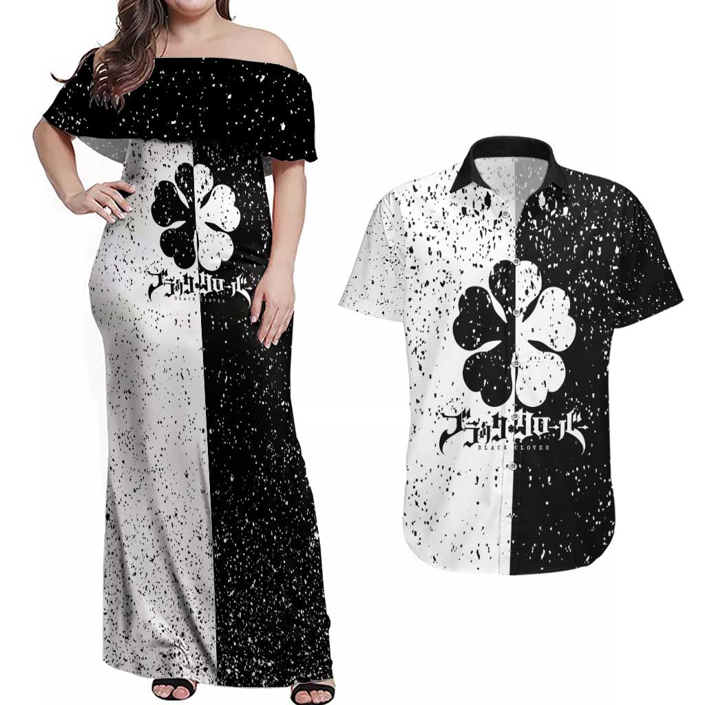 Five Leaf Clover Black Clover Couples Matching Off Shoulder Maxi Dress and Hawaiian Shirt Anime Grunge Style
