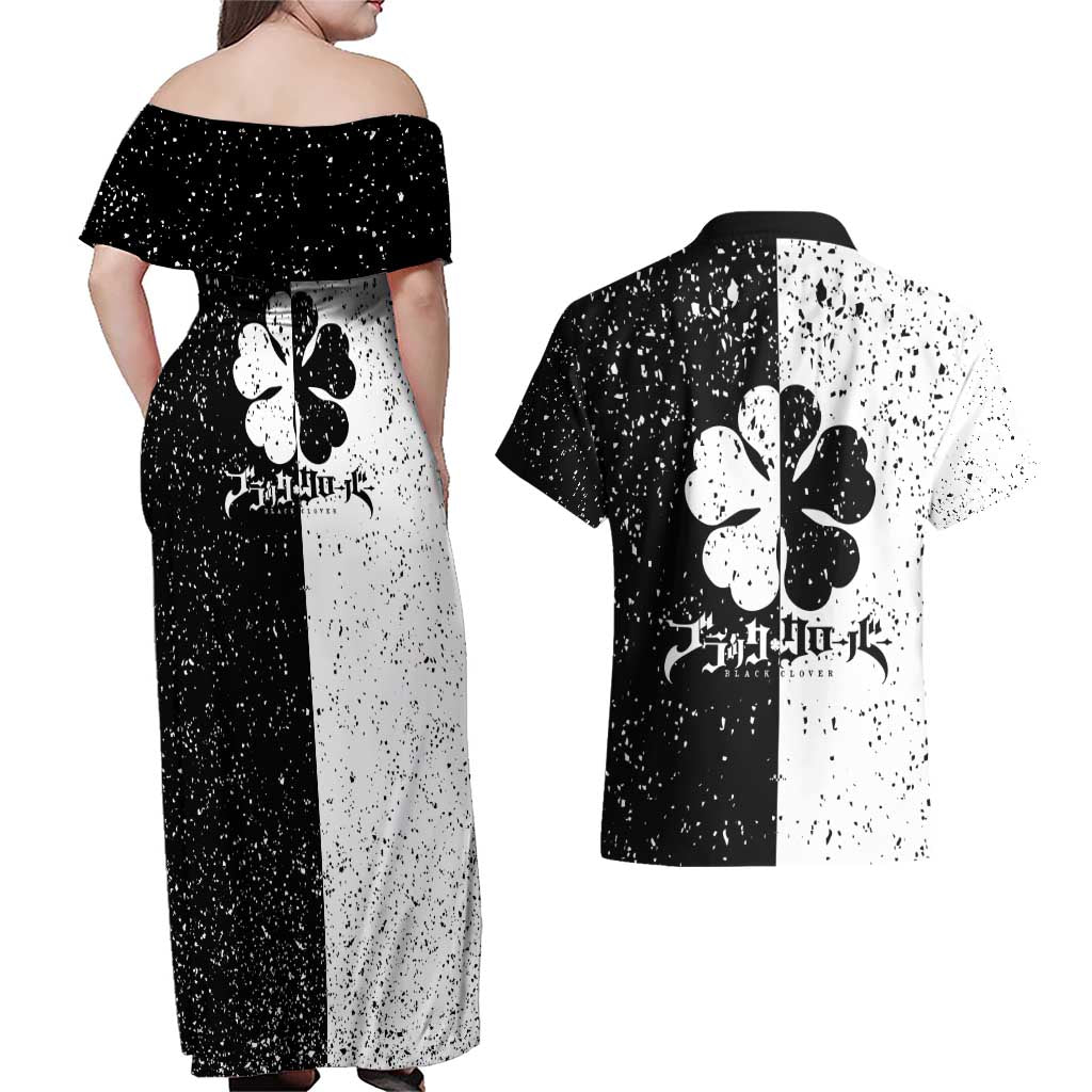 Five Leaf Clover Black Clover Couples Matching Off Shoulder Maxi Dress and Hawaiian Shirt Anime Grunge Style