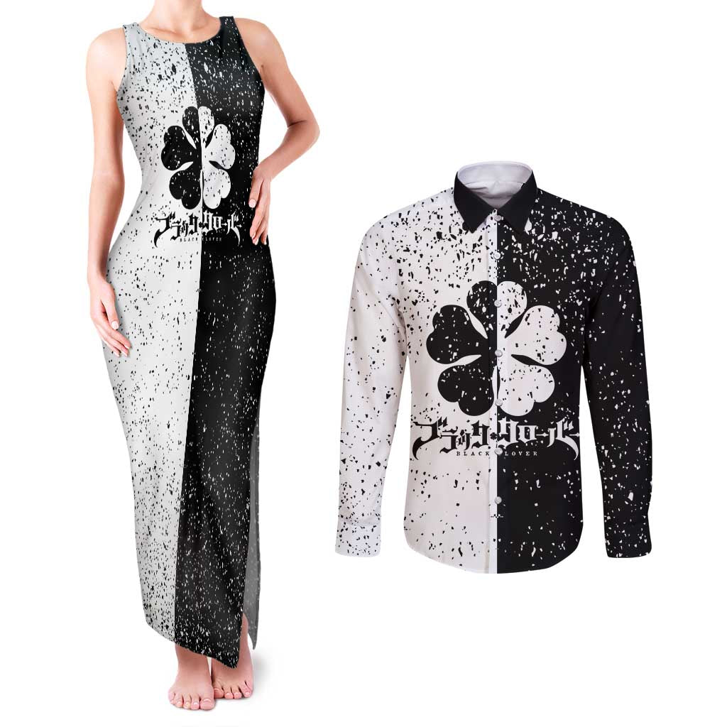 Five Leaf Clover Black Clover Couples Matching Tank Maxi Dress and Long Sleeve Button Shirt Anime Grunge Style
