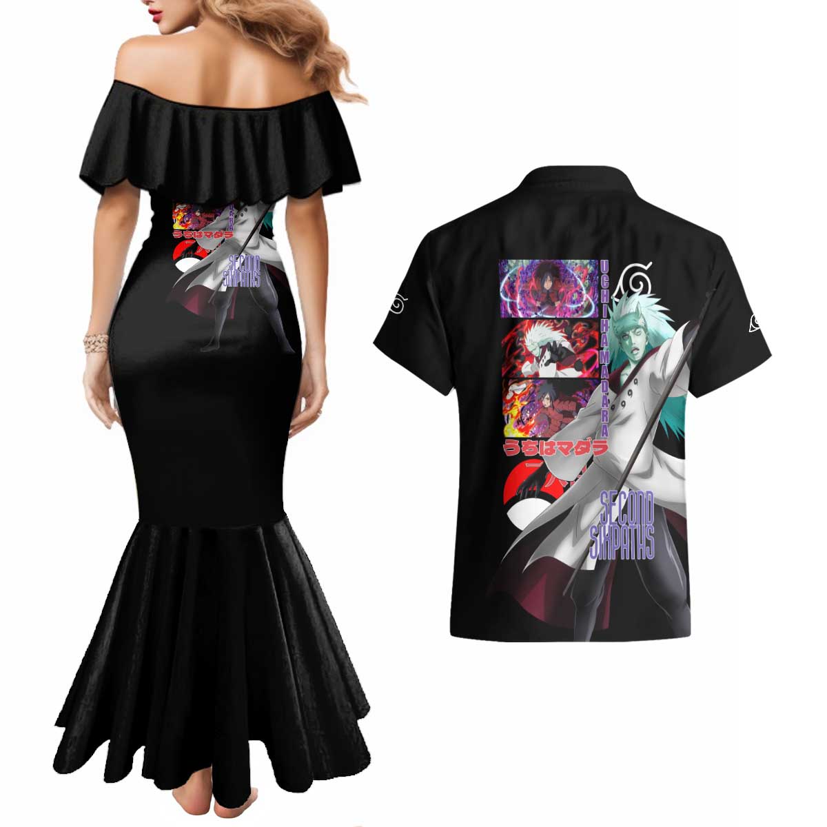 Uchiha Madara V2 Naruto Couples Matching Mermaid Dress and Hawaiian Shirt Anime Style