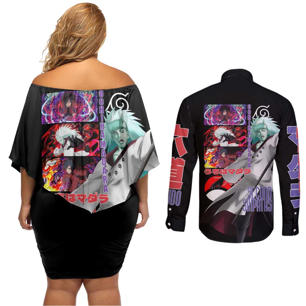 Uchiha Madara V2 Naruto Couples Matching Off Shoulder Short Dress and Long Sleeve Button Shirt Anime Style