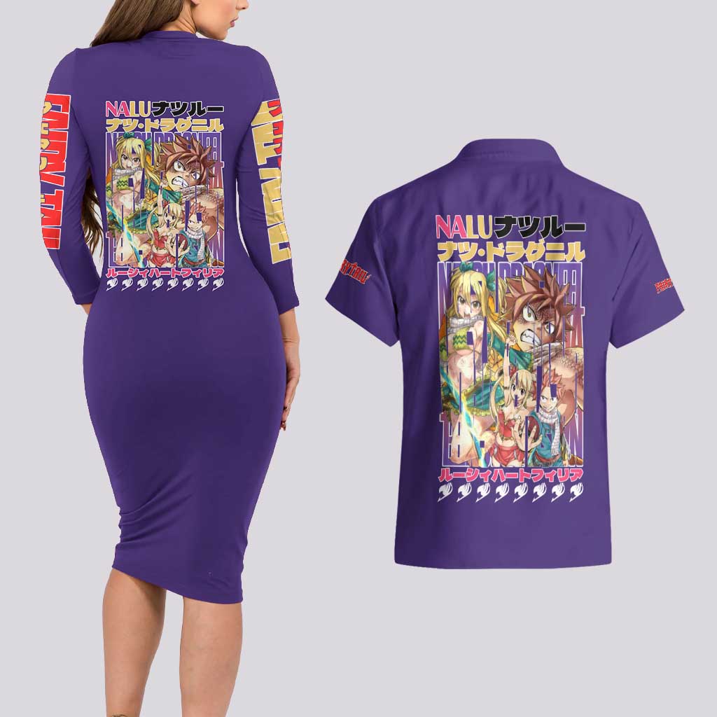 Nalu Fairy Tail Couples Matching Long Sleeve Bodycon Dress and Hawaiian Shirt Anime Style