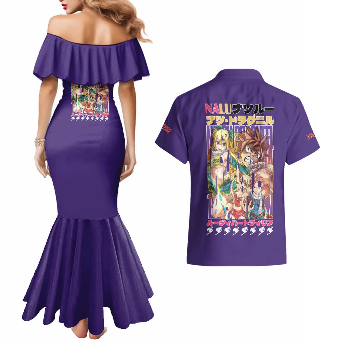 Nalu Fairy Tail Couples Matching Mermaid Dress and Hawaiian Shirt Anime Style