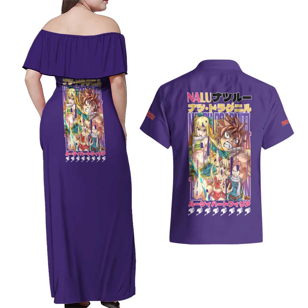 Nalu Fairy Tail Couples Matching Off Shoulder Maxi Dress and Hawaiian Shirt Anime Style