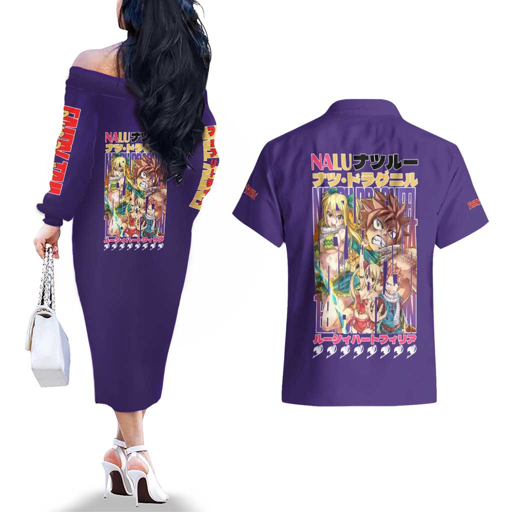 Nalu Fairy Tail Couples Matching Off The Shoulder Long Sleeve Dress and Hawaiian Shirt Anime Style
