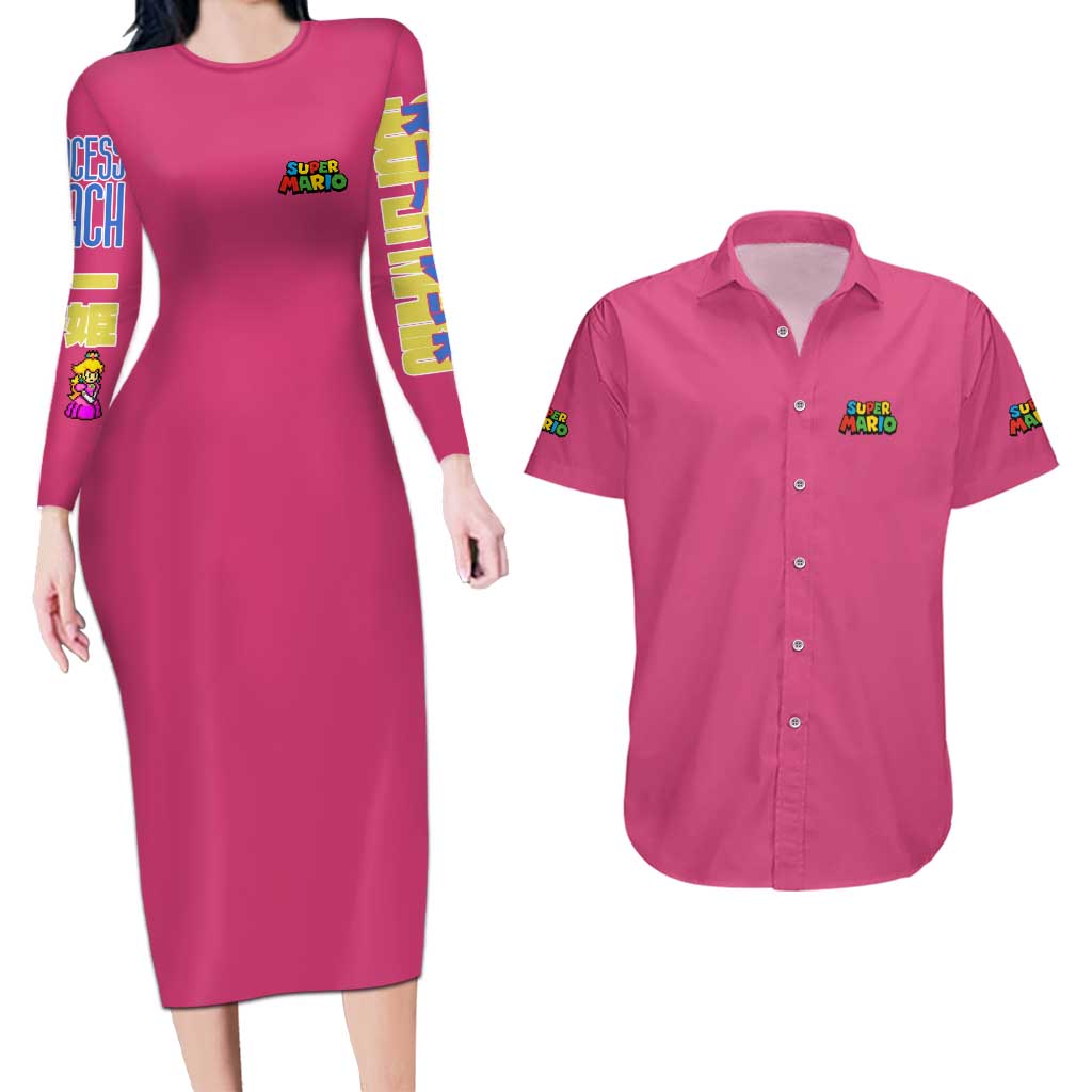 Peach Mario Bros Couples Matching Long Sleeve Bodycon Dress and Hawaiian Shirt Anime Style