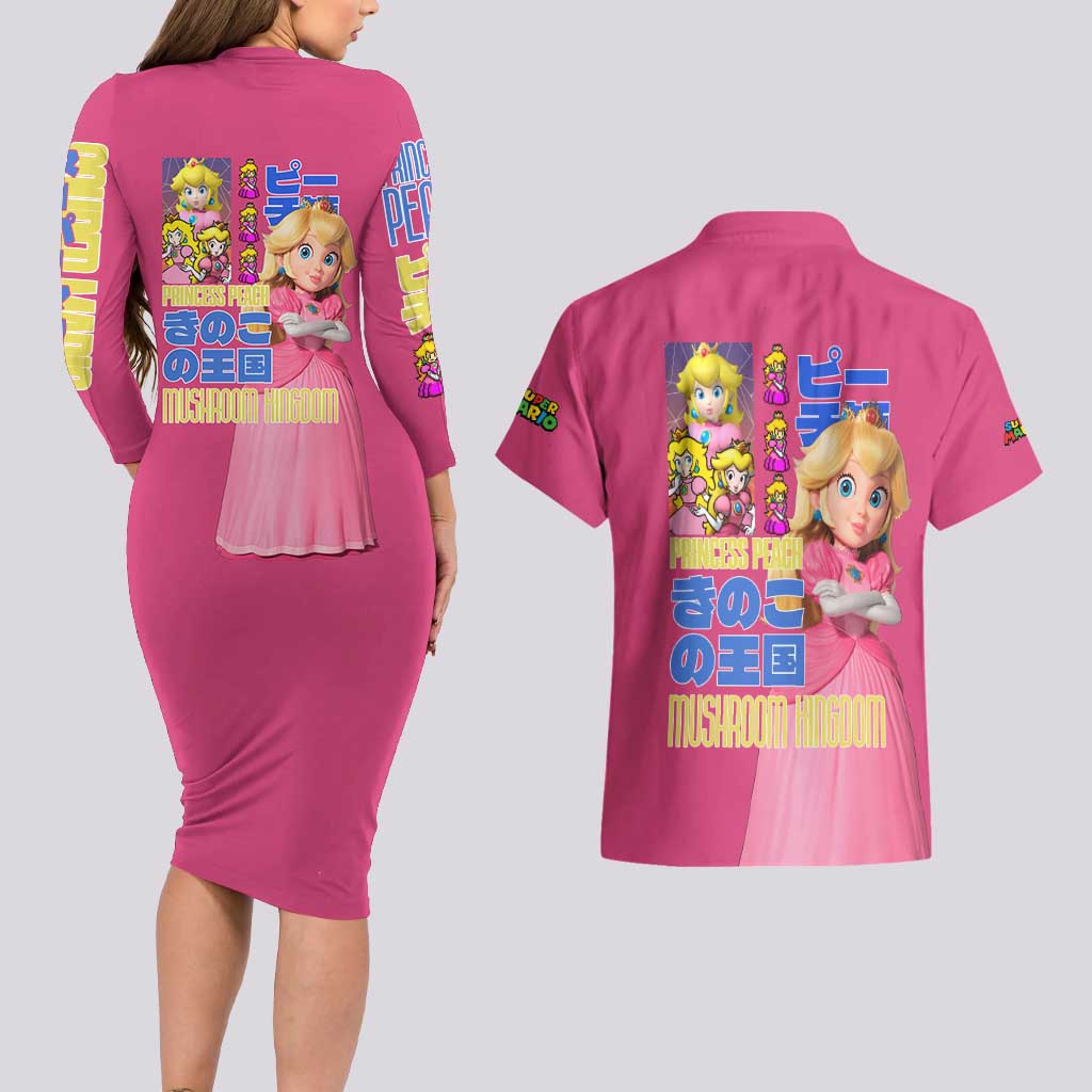 Peach Mario Bros Couples Matching Long Sleeve Bodycon Dress and Hawaiian Shirt Anime Style