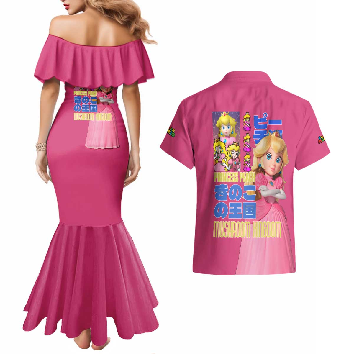Peach Mario Bros Couples Matching Mermaid Dress and Hawaiian Shirt Anime Style
