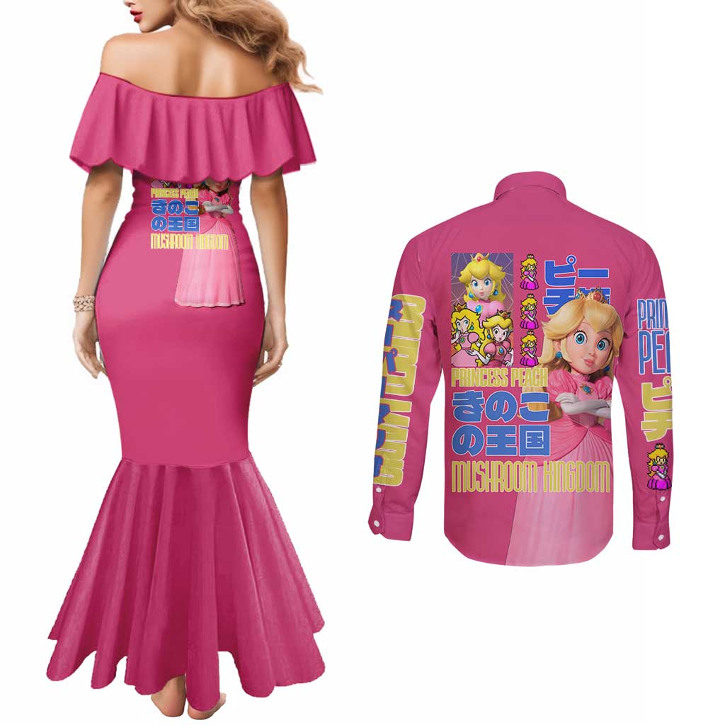 Peach Mario Bros Couples Matching Mermaid Dress and Long Sleeve Button Shirt Anime Style
