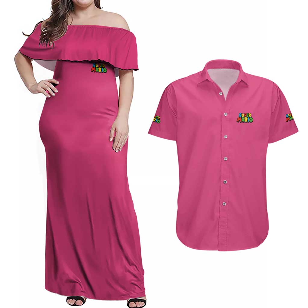 Peach Mario Bros Couples Matching Off Shoulder Maxi Dress and Hawaiian Shirt Anime Style