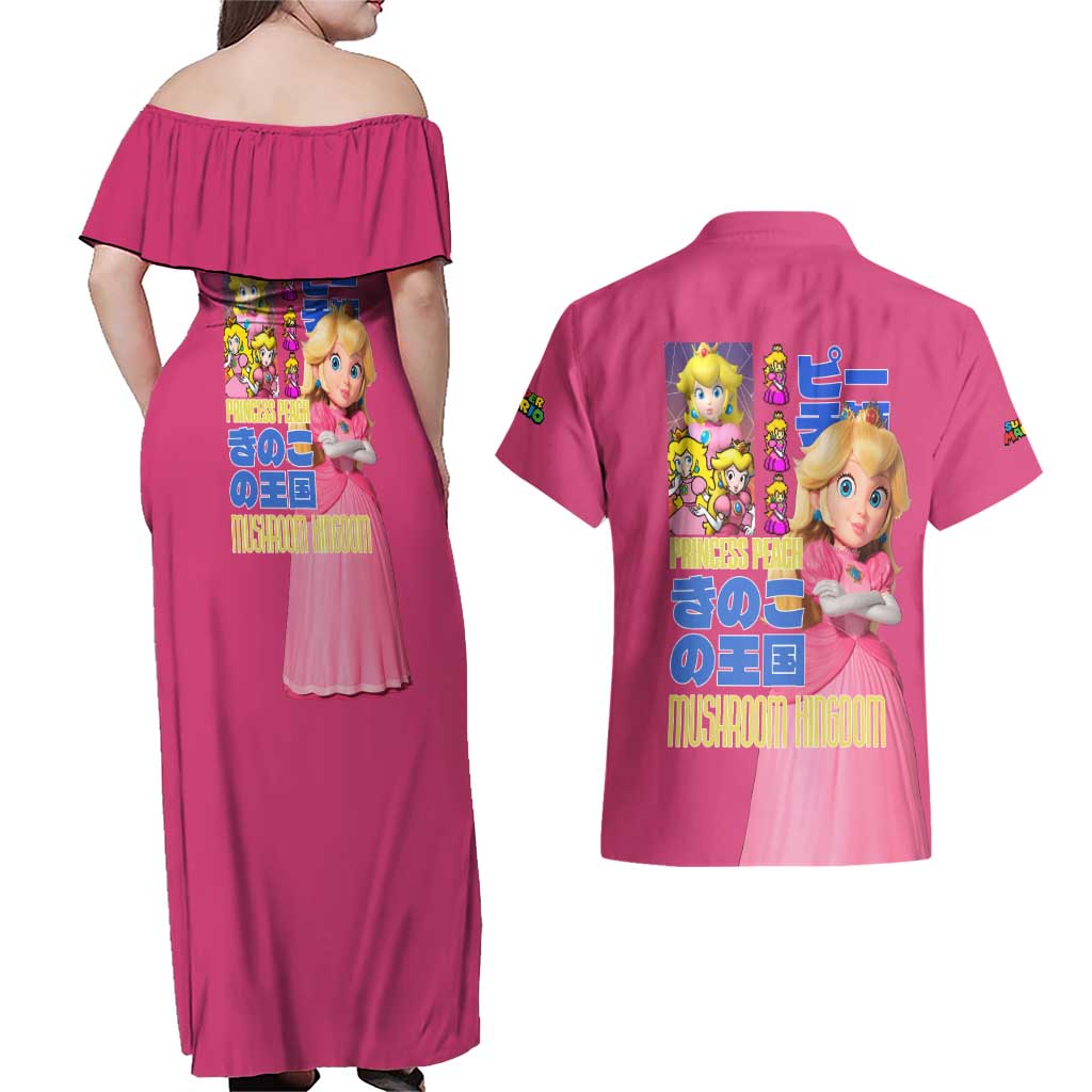 Peach Mario Bros Couples Matching Off Shoulder Maxi Dress and Hawaiian Shirt Anime Style
