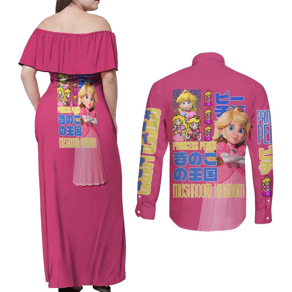 Peach Mario Bros Couples Matching Off Shoulder Maxi Dress and Long Sleeve Button Shirt Anime Style