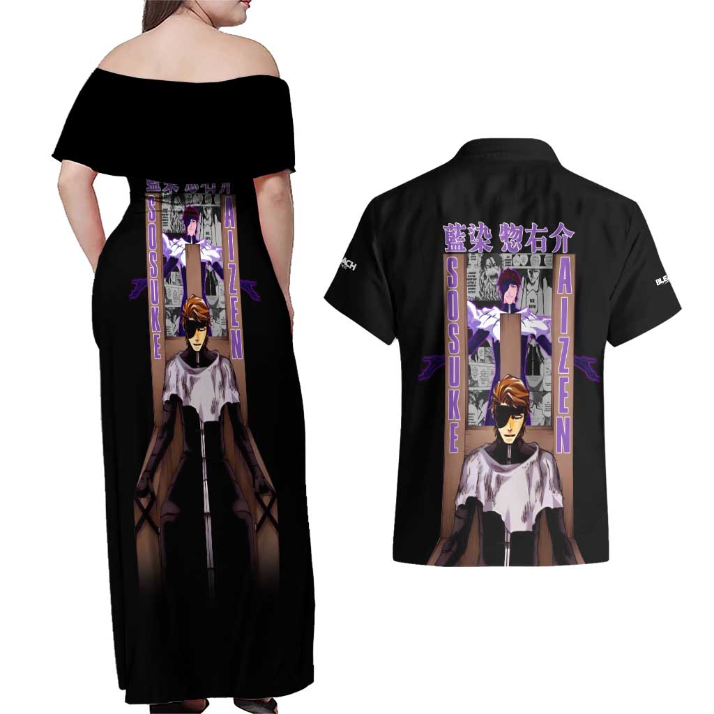 Sosuke Aizen TYBWA Bleach Couples Matching Off Shoulder Maxi Dress and Hawaiian Shirt Anime Style