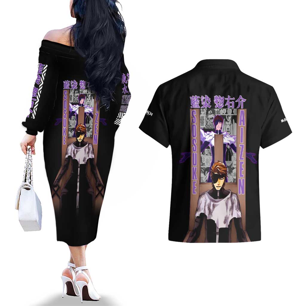 Sosuke Aizen TYBWA Bleach Couples Matching Off The Shoulder Long Sleeve Dress and Hawaiian Shirt Anime Style