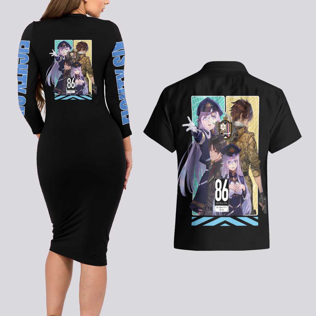 86 Eighty Six Couples Matching Long Sleeve Bodycon Dress and Hawaiian Shirt Anime Style - The Mazicc