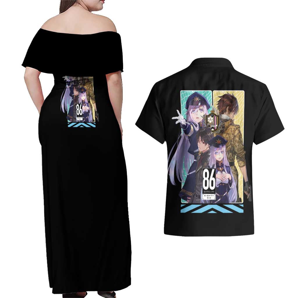 86 Eighty Six Couples Matching Off Shoulder Maxi Dress and Hawaiian Shirt Anime Style - The Mazicc