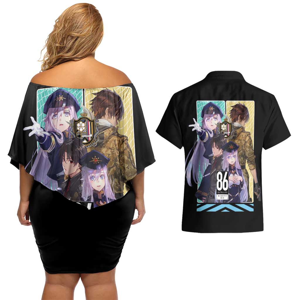 86 Eighty Six Couples Matching Off Shoulder Short Dress and Hawaiian Shirt Anime Style - The Mazicc