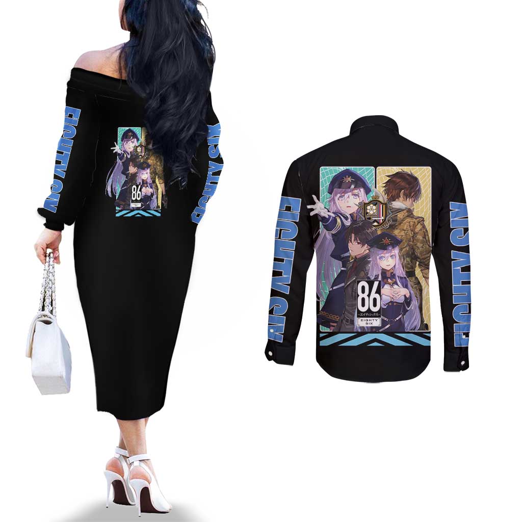 86 Eighty Six Couples Matching Off The Shoulder Long Sleeve Dress and Long Sleeve Button Shirt Anime Style - The Mazicc