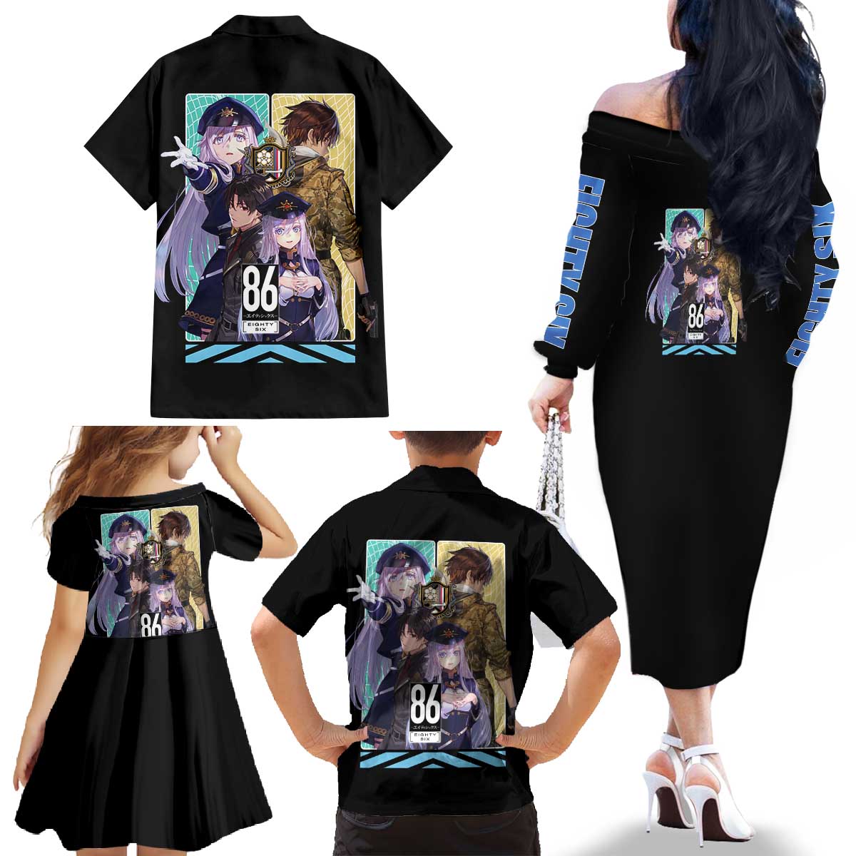 86 Eighty Six Family Matching Off The Shoulder Long Sleeve Dress and Hawaiian Shirt Anime Style - The Mazicc