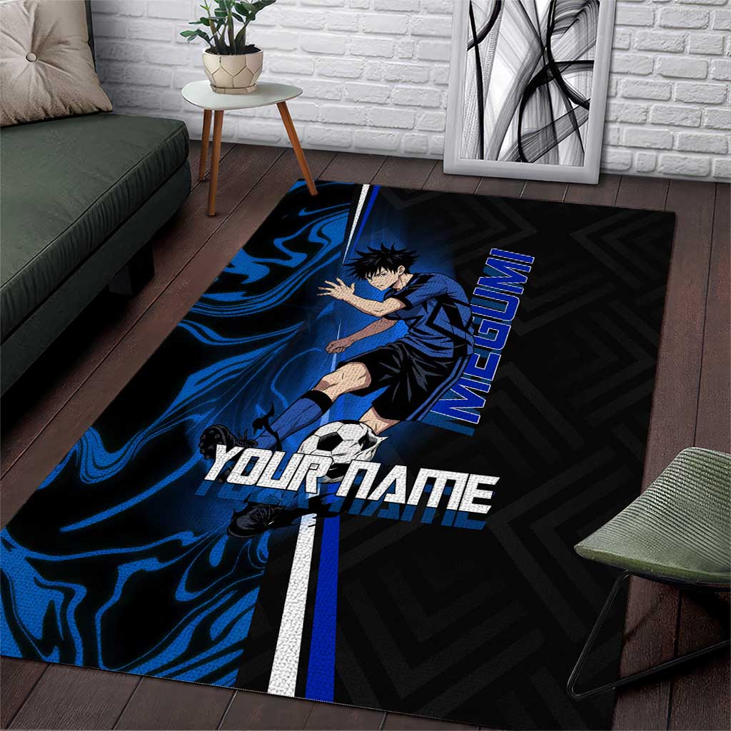 Custom Megumi Fushiguro Jujutsu Kaisen Area Rug Blue Flames Soccer Theme Anime