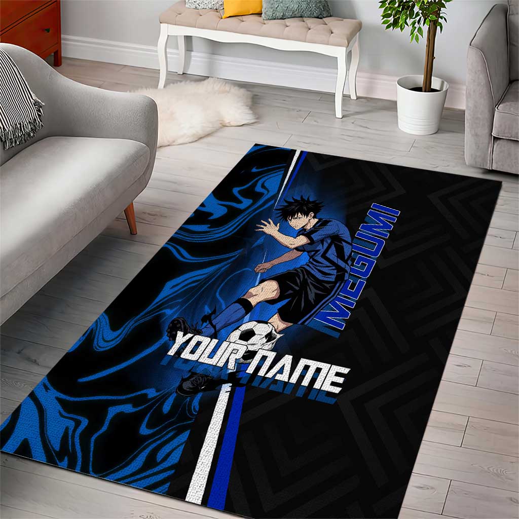 Custom Megumi Fushiguro Jujutsu Kaisen Area Rug Blue Flames Soccer Theme Anime