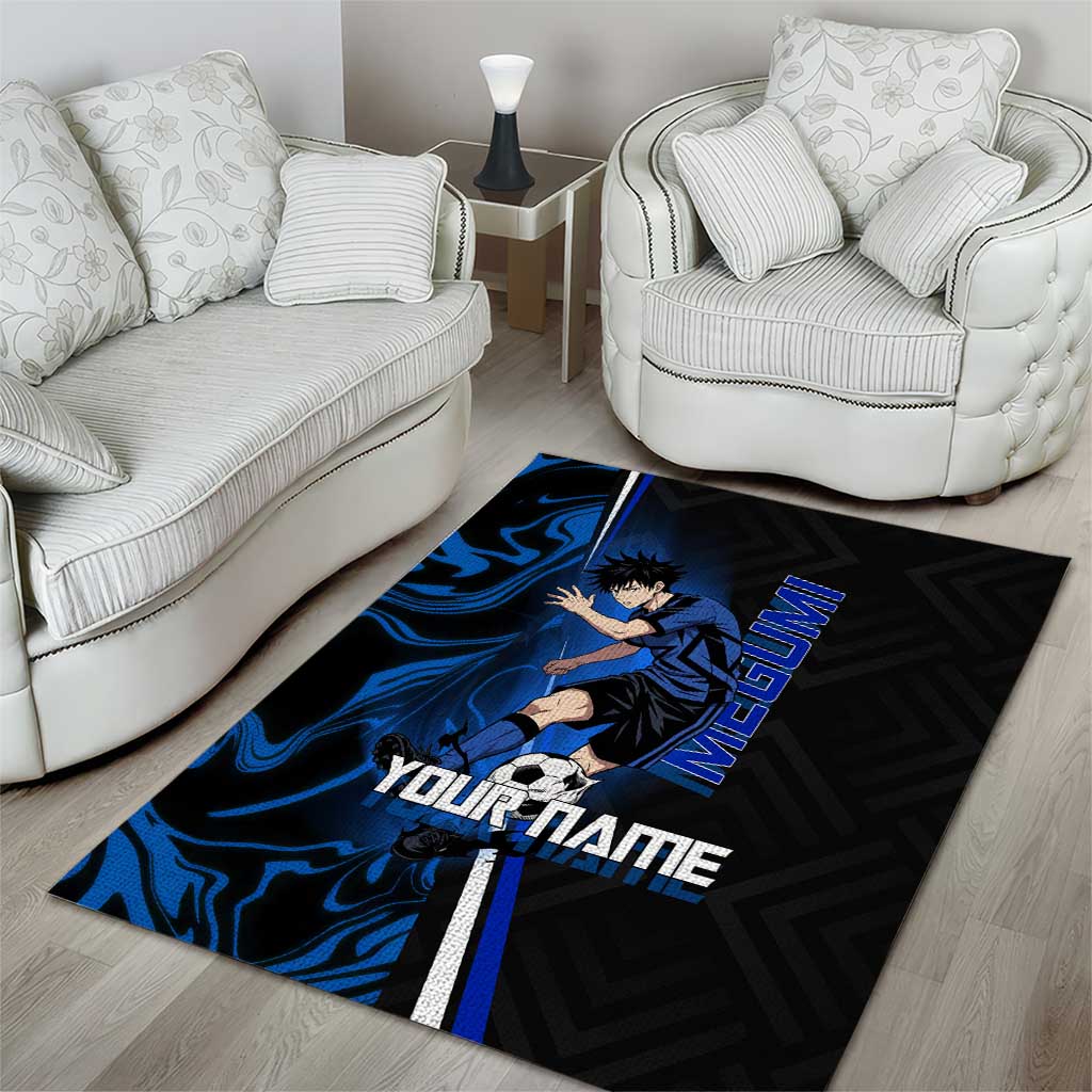 Custom Megumi Fushiguro Jujutsu Kaisen Area Rug Blue Flames Soccer Theme Anime