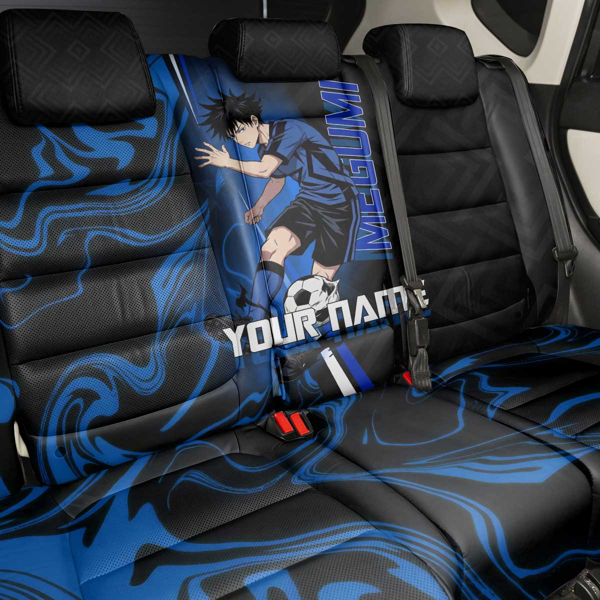 Custom Megumi Fushiguro Jujutsu Kaisen Back Car Seat Cover Blue Flames Soccer Theme Anime