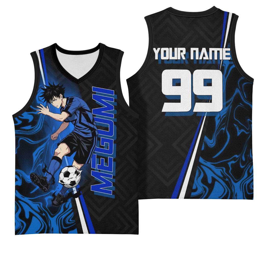 Custom Megumi Fushiguro Jujutsu Kaisen Basketball Jersey Blue Flames Soccer Theme Anime