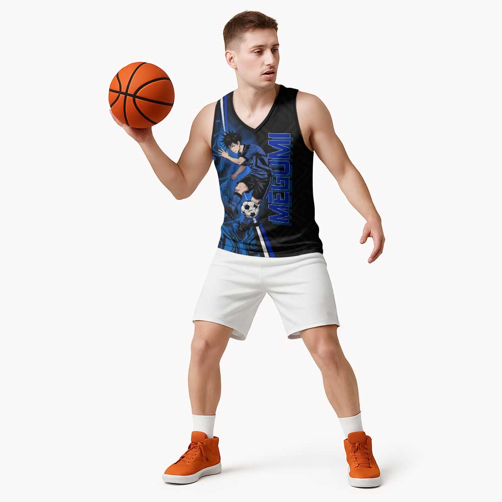 Custom Megumi Fushiguro Jujutsu Kaisen Basketball Jersey Blue Flames Soccer Theme Anime