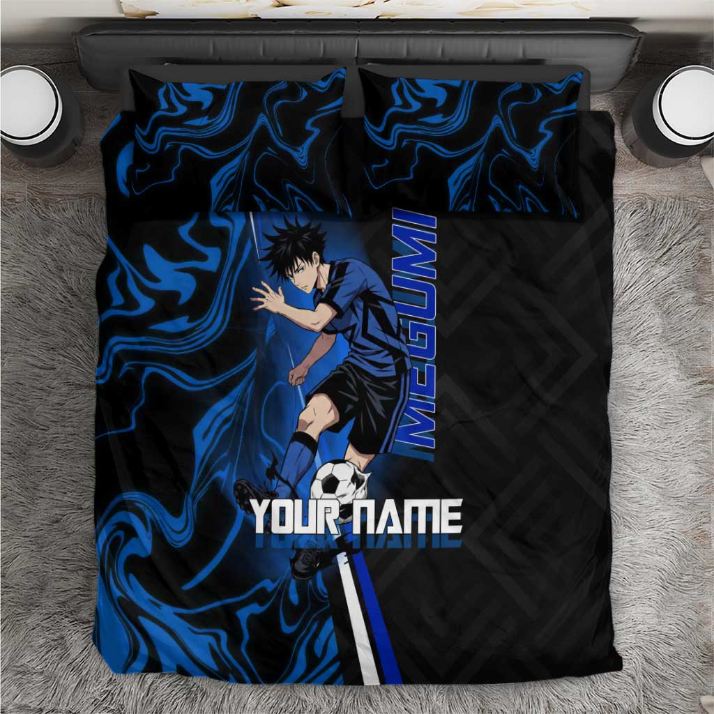 Custom Megumi Fushiguro Jujutsu Kaisen Bedding Set Blue Flames Soccer Theme Anime