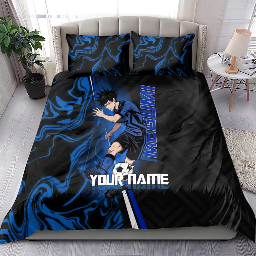 Custom Megumi Fushiguro Jujutsu Kaisen Bedding Set Blue Flames Soccer Theme Anime