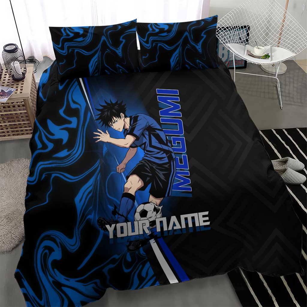 Custom Megumi Fushiguro Jujutsu Kaisen Bedding Set Blue Flames Soccer Theme Anime