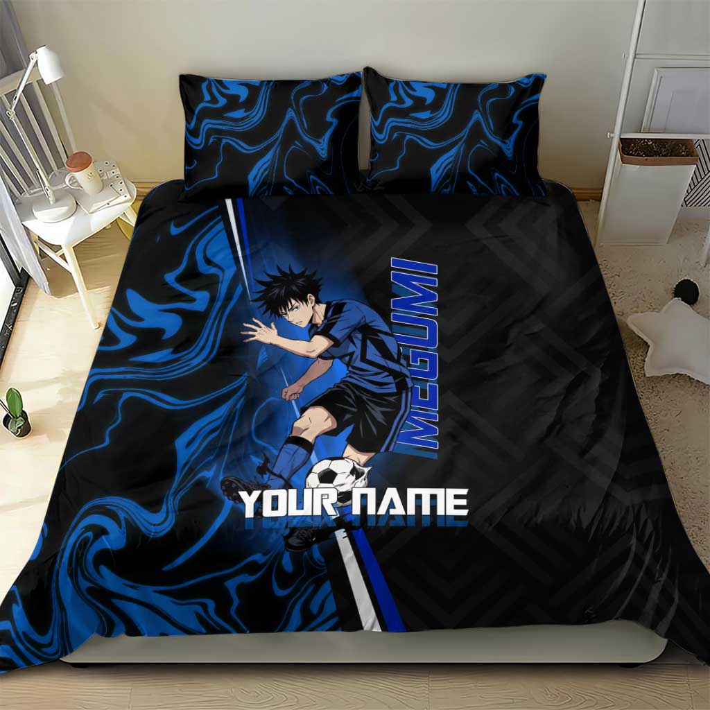 Custom Megumi Fushiguro Jujutsu Kaisen Bedding Set Blue Flames Soccer Theme Anime