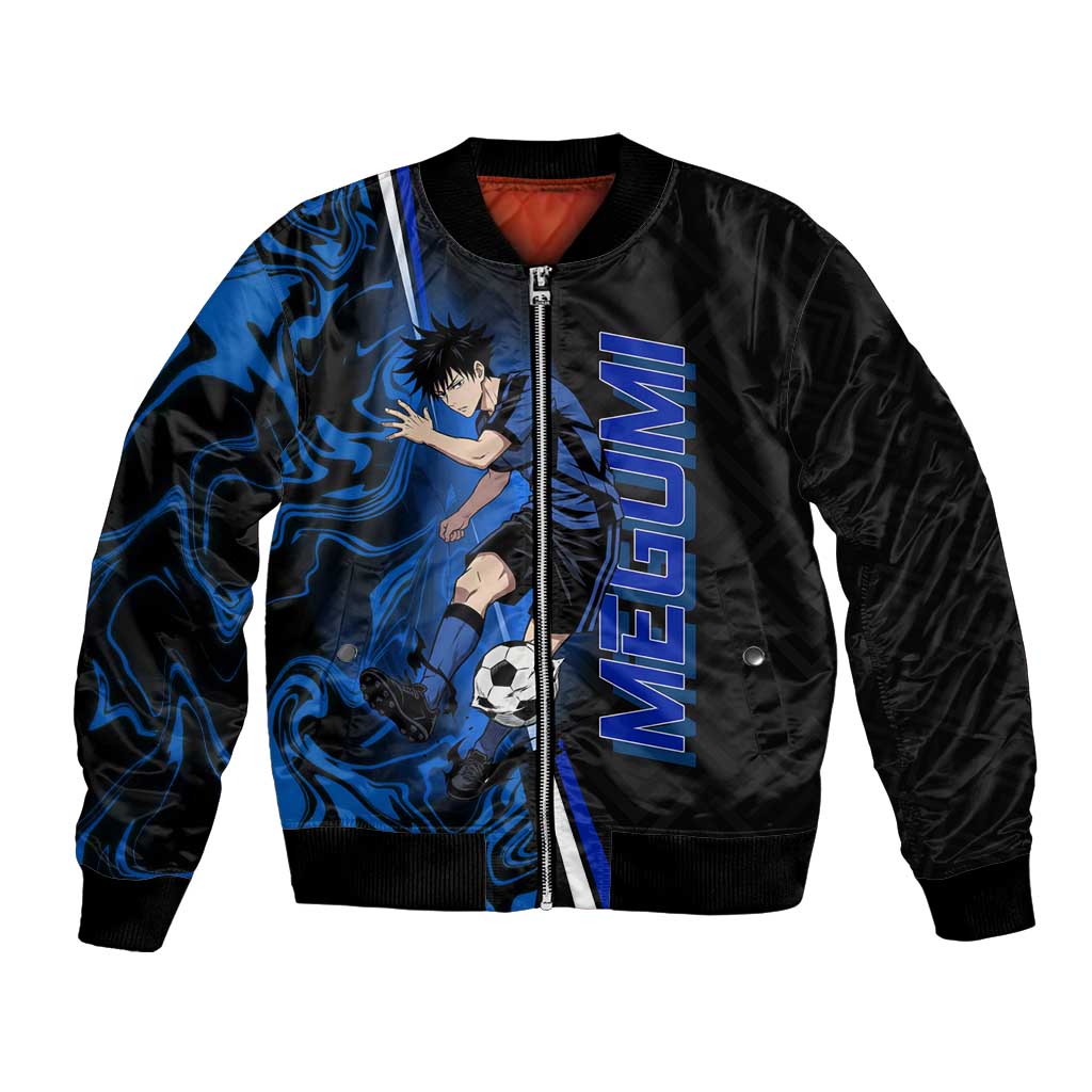 Custom Megumi Fushiguro Jujutsu Kaisen Bomber Jacket Blue Flames Soccer Theme Anime