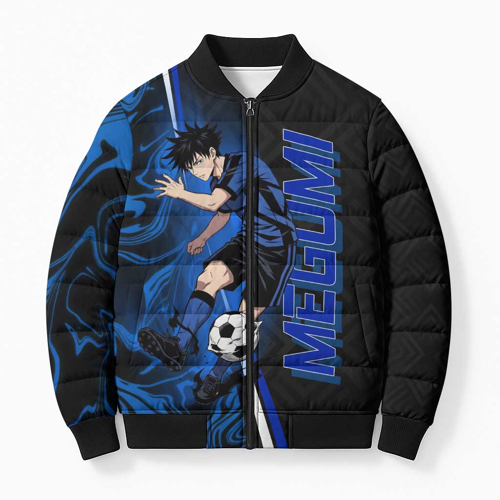 Custom Megumi Fushiguro Jujutsu Kaisen Bomber Puffer Jacket Blue Flames Soccer Theme Anime