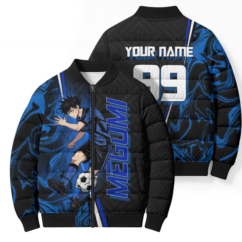 Custom Megumi Fushiguro Jujutsu Kaisen Bomber Puffer Jacket Blue Flames Soccer Theme Anime