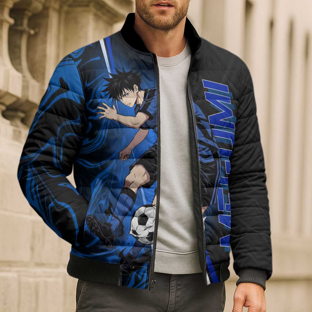 Custom Megumi Fushiguro Jujutsu Kaisen Bomber Puffer Jacket Blue Flames Soccer Theme Anime