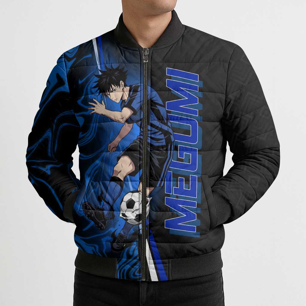 Custom Megumi Fushiguro Jujutsu Kaisen Bomber Puffer Jacket Blue Flames Soccer Theme Anime