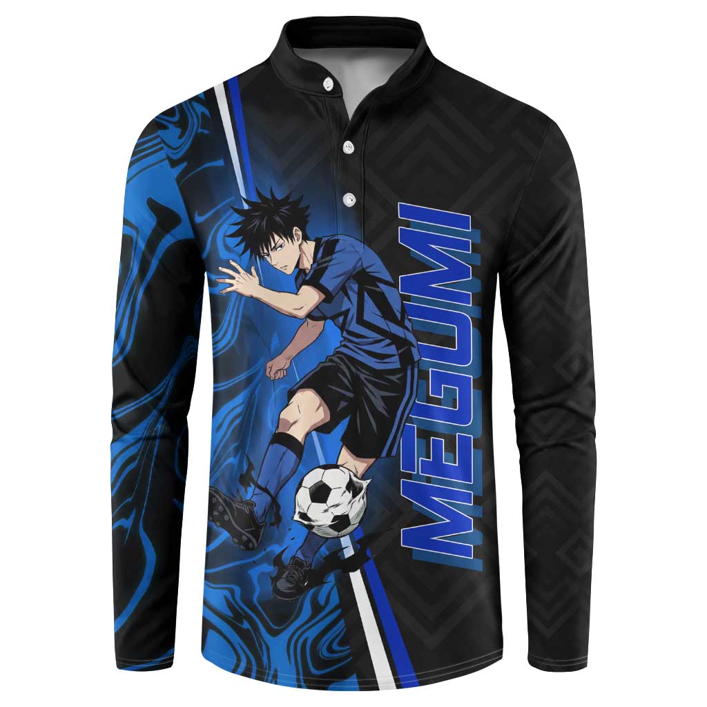 Custom Megumi Fushiguro Jujutsu Kaisen Button Sweatshirt Blue Flames Soccer Theme Anime