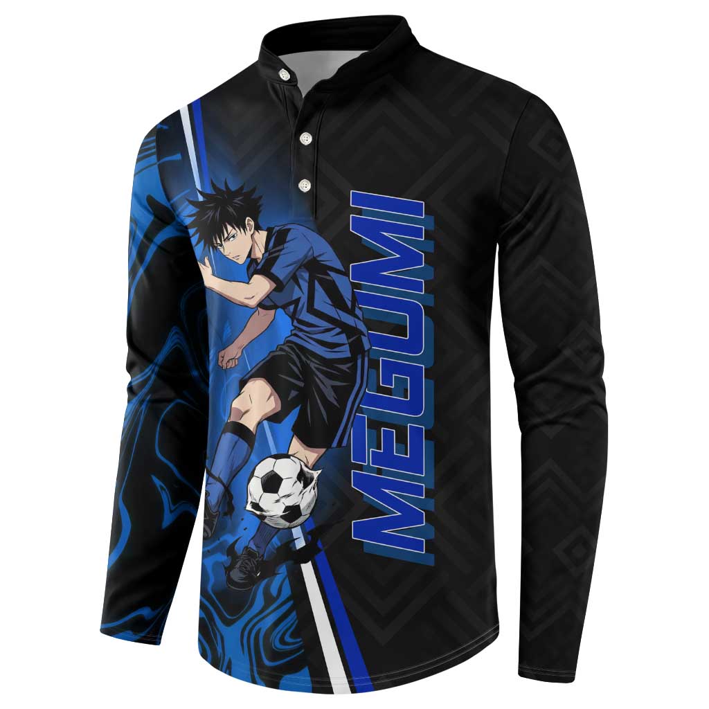 Custom Megumi Fushiguro Jujutsu Kaisen Button Sweatshirt Blue Flames Soccer Theme Anime