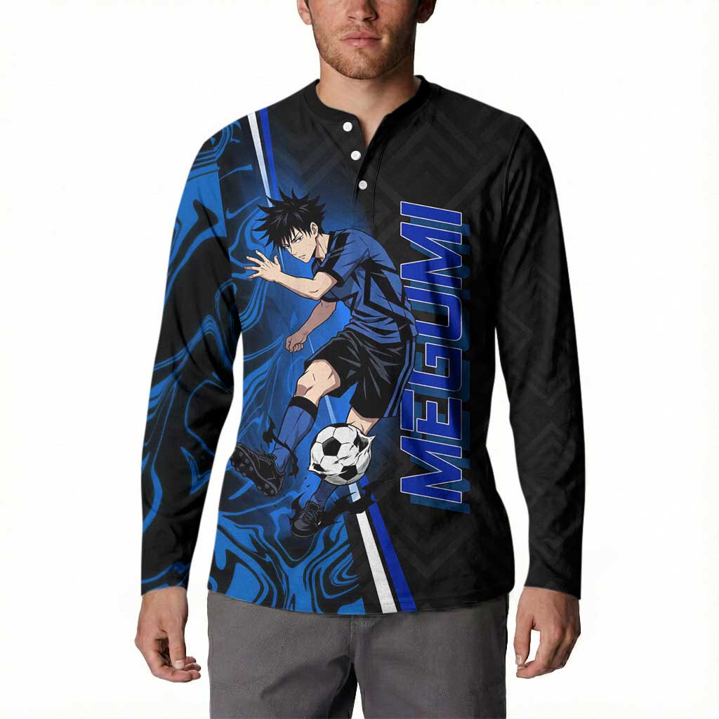 Custom Megumi Fushiguro Jujutsu Kaisen Button Sweatshirt Blue Flames Soccer Theme Anime