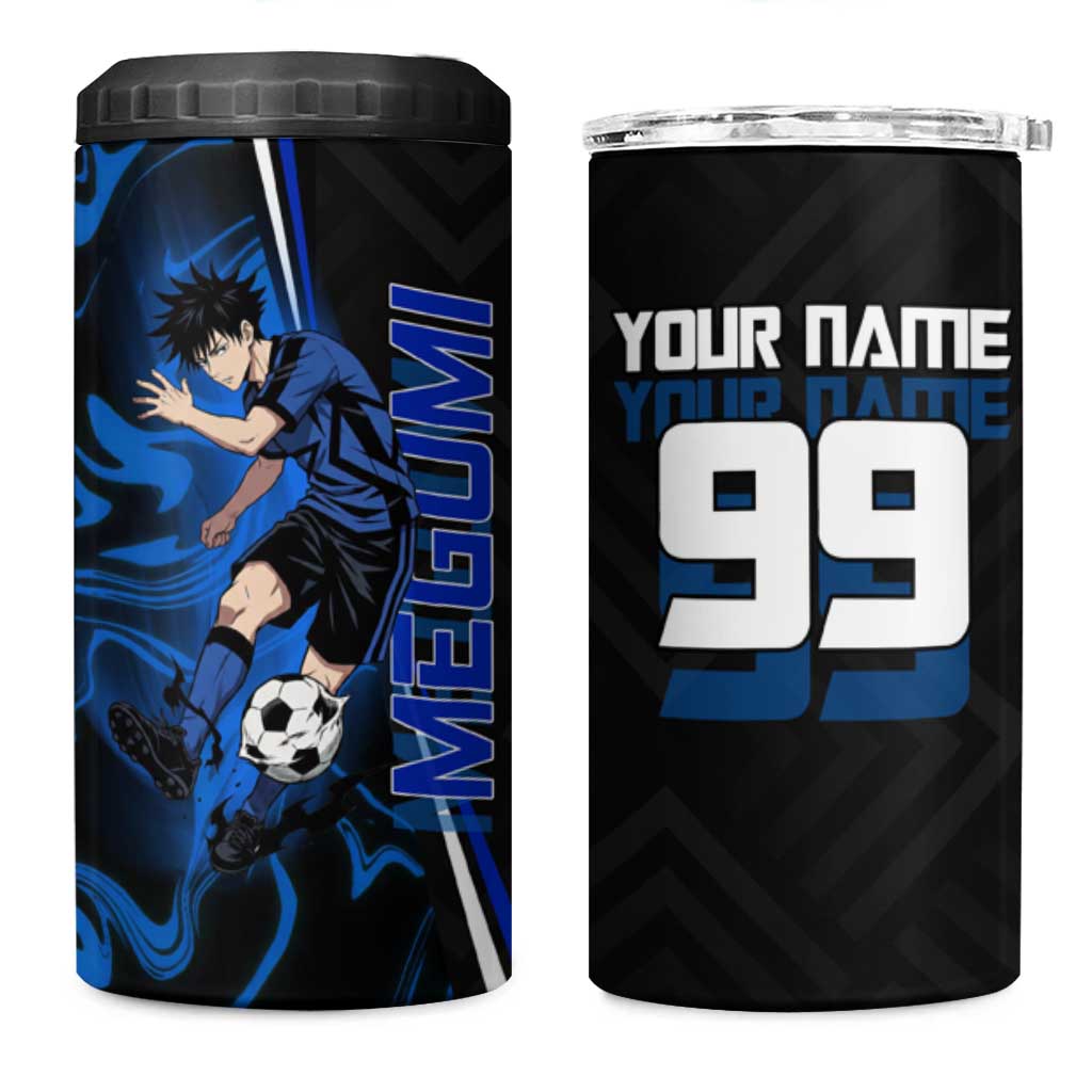 Custom Megumi Fushiguro Jujutsu Kaisen 4 in 1 Can Cooler Tumbler Blue Flames Soccer Theme Anime