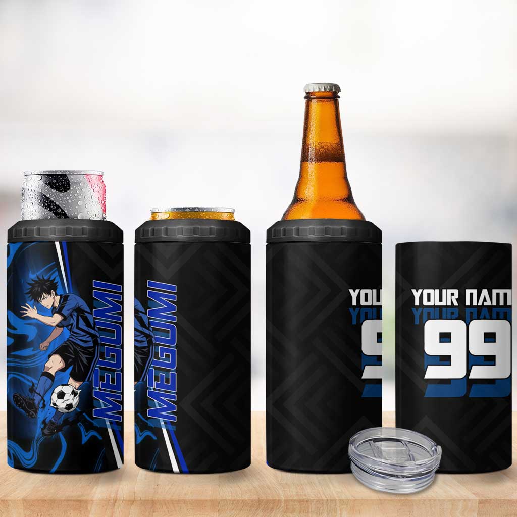 Custom Megumi Fushiguro Jujutsu Kaisen 4 in 1 Can Cooler Tumbler Blue Flames Soccer Theme Anime