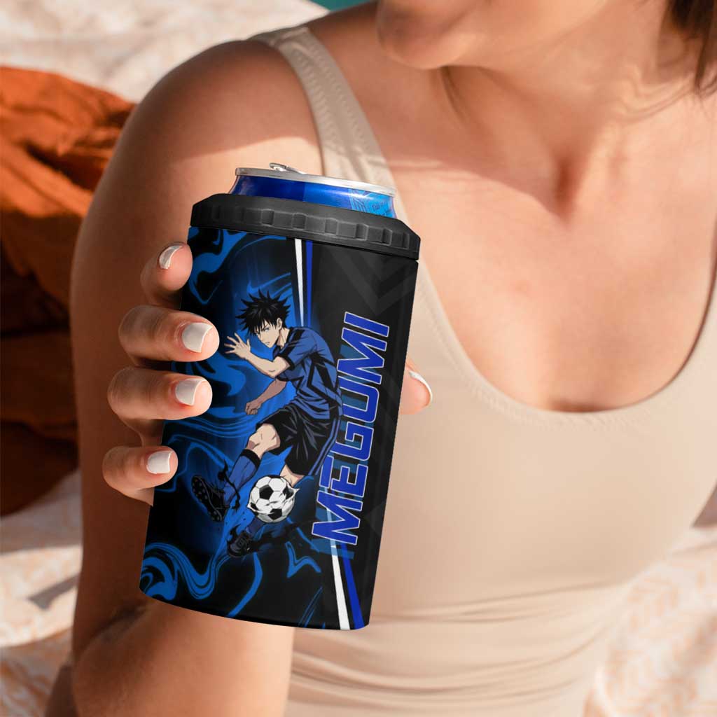 Custom Megumi Fushiguro Jujutsu Kaisen 4 in 1 Can Cooler Tumbler Blue Flames Soccer Theme Anime